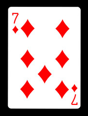 Seven of Diamonds playing card, isolated on black background.