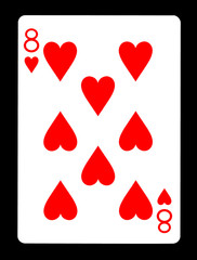 Eight of hearts playing card, isolated on black background.