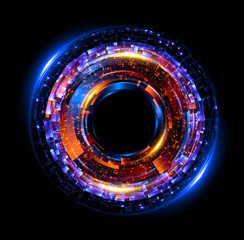 Orb neon rays. luminous hole. Spiral cover. 
Black neural HUD. Halo around. Power isolated. Sparks particle.
Space tunnel. Glossy face. LED color ellipse. Glint gold glitter. Glow clock