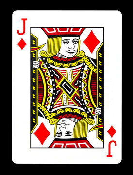Jack of Diamonds playing card, isolated on black background.