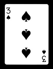 Three of spades playing card, isolated on black background.