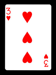 Three of hearts playing card, isolated on black background.
