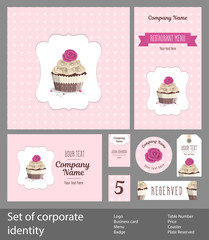 Set of corporate identity for restaurant, cafe or patisserie, cake with cream and rose in brown wrapping with stripes and on pink background, vintage branding business template, vector illustration