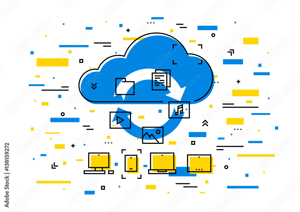 Poster cloud storage data transfer vector illustration. wireless file transfer network technology creative 
