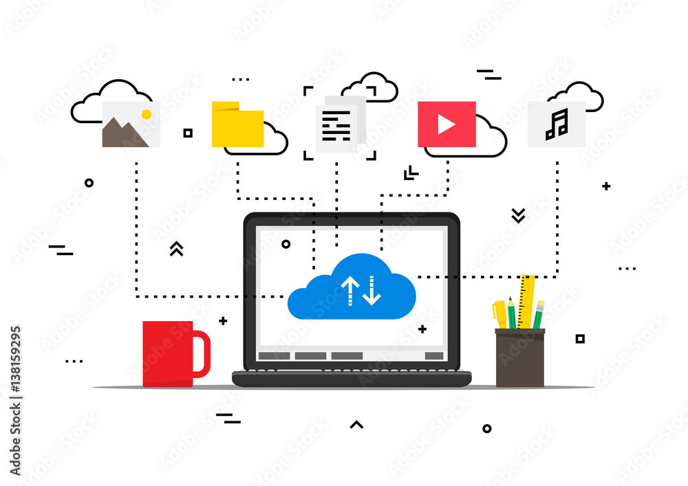 Poster laptop with cloud data storage data vector illustration. wireless file transfer network technology c