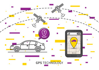 Car GPS search vector illustration. Navigation technology for automobile or motor vehicle creative concept. GPS satellites help to find car graphic design.
