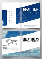 Set of business templates for brochure, magazine, flyer, booklet or annual report. Beautiful blue sky, abstract geometric background with white clouds, leaflet cover, layout, vector illustration.