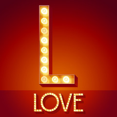 Chic retro vector light up font with glowing lamp. Gold letter L