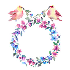 Fototapeta na wymiar Watercolor birds with a wreath of flowers. Floral frame on white background.