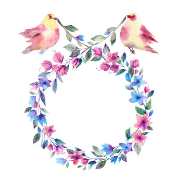 Watercolor birds with a wreath of flowers. Floral frame on white background.