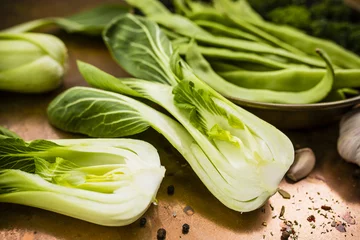 Crédence de cuisine en verre imprimé Légumes Fresh and raw Chinese cabbage pak choi and other green vegetables on vintage background. 