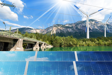 Renewable Energy - Sunlight with solar panel. Wind with wind turbines (3d illustration). Water with...