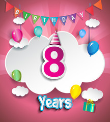 8 years Anniversary Celebration Design, with clouds and balloons, confetti. using Paper Art Design Style, Vector template elements for your birthday celebration party.