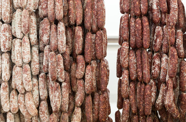Italian different traditional sausages  at the store.