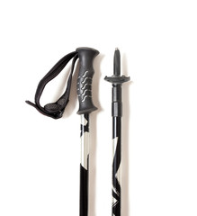 Detail of ski or trekking poles, the handle and tip closeup isolated