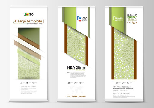 Roll up banner stands, flat design templates, abstract geometric style, vertical flyers, flag layouts. Green color background with leaves. Spa concept. Vector decoration.