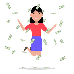 Vector cartoon woman jumping joy falling money