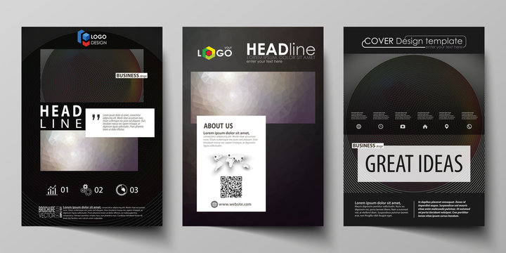 Business templates for brochure, magazine, flyer, booklet, report. Cover design template, vector layout in A4 size. Dark color triangles and colorful circles. Abstract polygonal style background.