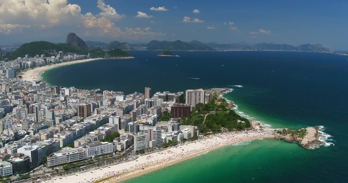 Aerial view of  Ipanema and Copacabana Beach full of people , Rio de Janeiro, Brazil