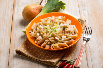 pasta with leek pear and hot chili pepper