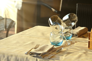 Glasses on a restaurant table.