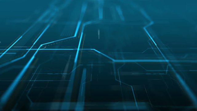 Abstract digital background made of different shapes with hight detailed elements. Rich details and depth of field effect. Geometry lines with dashes and glow. 3d rendering. Loop video.