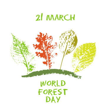 World forest day 21 March green chalk lettering typography with oak, marple, linden tree leaves colorful stamp texture. Vector illustration for cards, banners, print