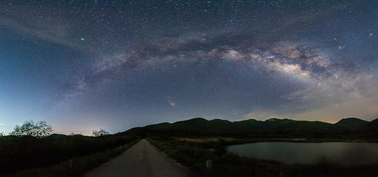 Panorama of Milky way over reservoir with mountain night