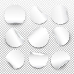 Set of round paper sticker template with bent edge with translucent shadow. Web banner. Element for advertising and promotional message isolated on transparent background. Vector for your design