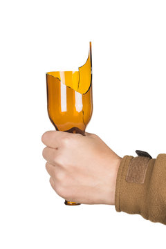 Male hand with broken glass bottle, isolated on white background
