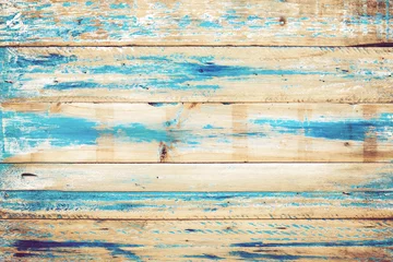 Poster Oude houten achtergrond met blauwe verf. vintage houtstructuur van strand in de zomer. © jakkapan