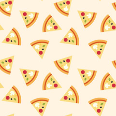 Cartoon seamless background with salami pizza in flat style. Vector illustration