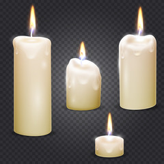 Set of realistic vector white candle with fire on transparent background.