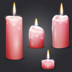 Set of realistic vector candle with fire on transparent background.