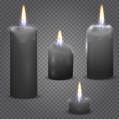 Set of realistic vector candle with fire on transparent background.