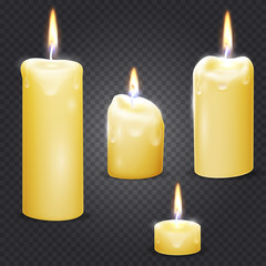 Set of realistic vector candle with fire on transparent background.