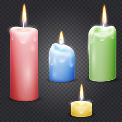 Set of realistic vector candle with fire on transparent background.