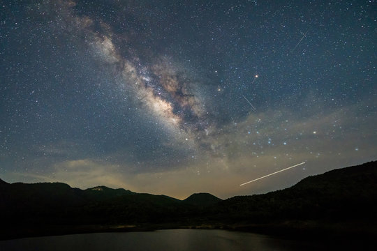 Shooting star and milky way over reservoir with mountain night sky.