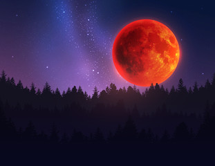 Fototapeta na wymiar Big red moon in night sky over forest. Vector illustration.
