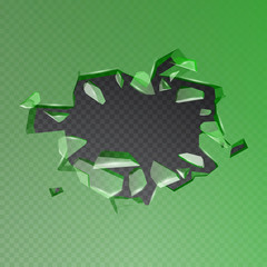Realistic broken glass, ice or crystal and hole on transparent background. Vector illustration. Isolated cracked effect.