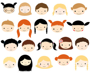Cute vector kids faces - Caucasian boys and girls heads in flat style