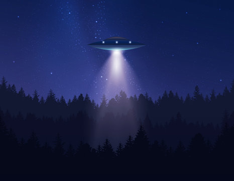 UFO In Night Sky Over The Forest Emits Light Beam. Vector Illustration.