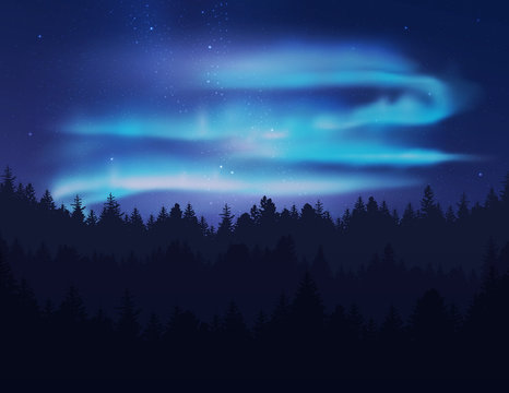 Beautiful northern lights in night sky over forest. Vector illustration.