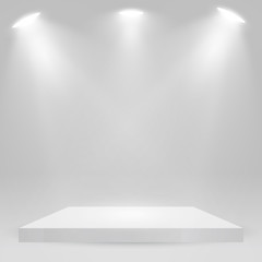 Square podium, pedestal or platform illuminated by spotlights on white background. Stage with scenic lights. Vector illustration.