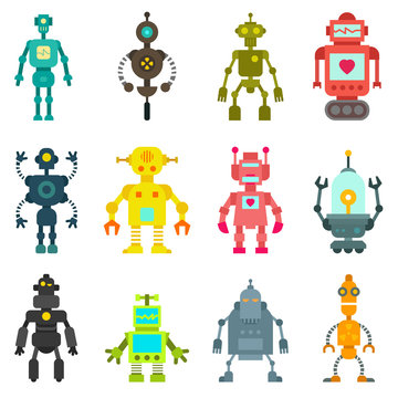 Set of cute cartoon funny retro robots in vintage hipster style. Vector illustration.