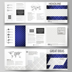 Set of business templates for tri fold square design brochures. Leaflet cover, abstract vector layout. Shiny fabric, rippled texture, white and blue color silk, colorful vintage style background.