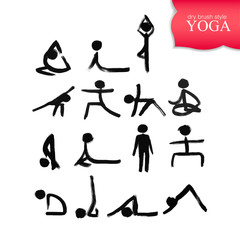 Fototapeta na wymiar Stick figures in different yoga poses created by dry brush. Grunge calligraphy style.