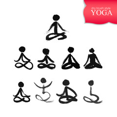 Stick figures in lotus yoga pose created by dry brush. Grunge calligraphy style.