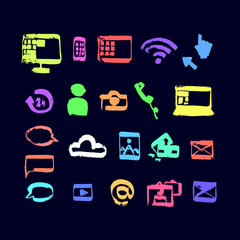 Hand drawn dry brush style social media icons set.  Bright colors  icons on the dark blue background.