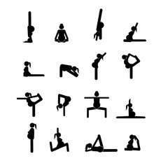 Stick figures. Pregnant woman doing yoga poses.